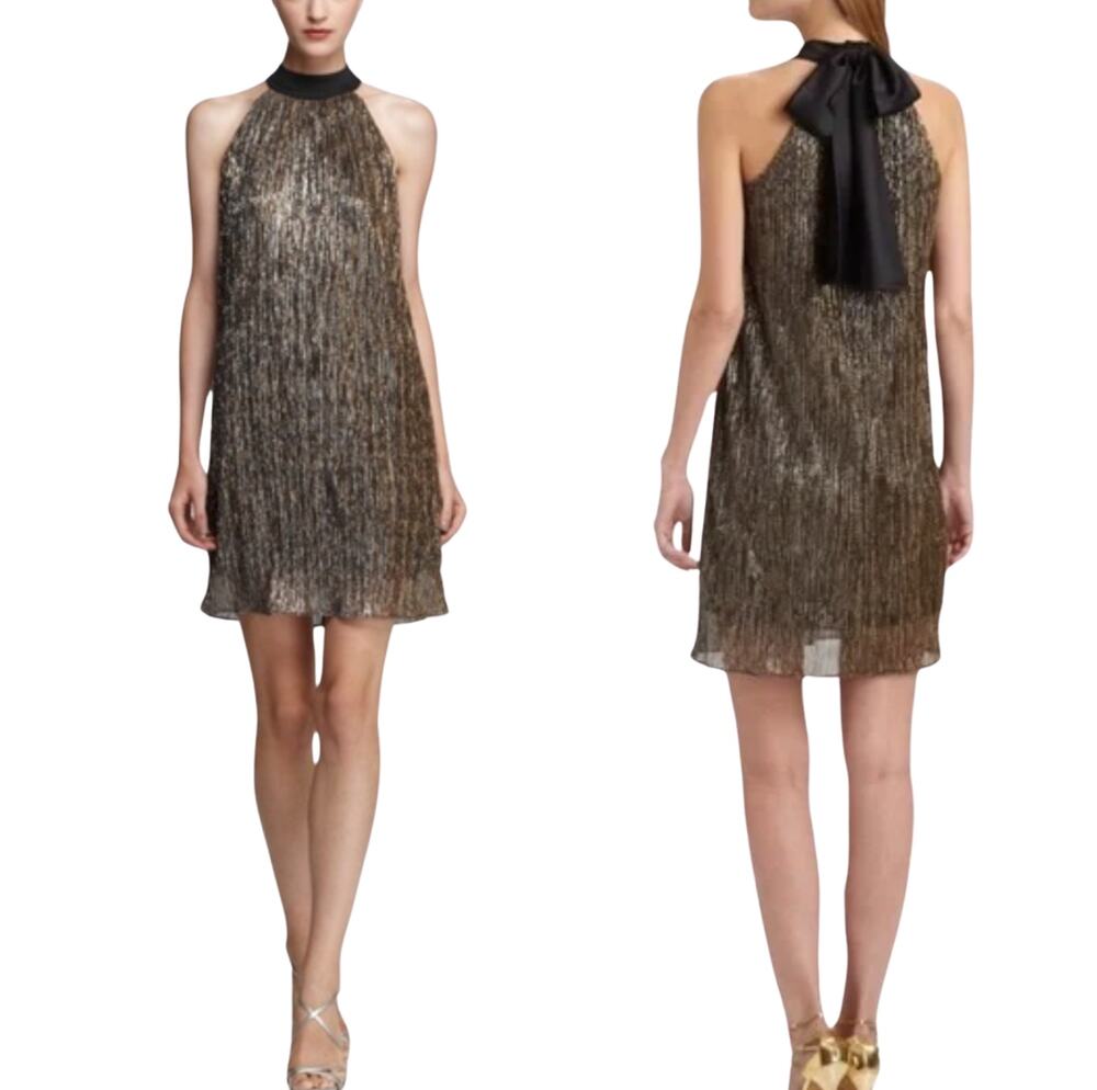 Laundry by Shelli Segal Metallic Gold Sleeveless Dress with Bow Neck Size 8 NWT
